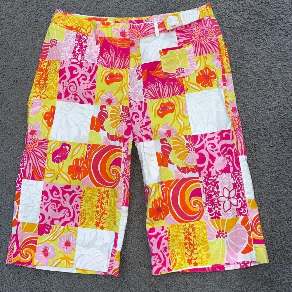 LILLY PULITZER Kings Court Patch "Lilly" Spellout Fabric Wide Leg Capri Pants 8